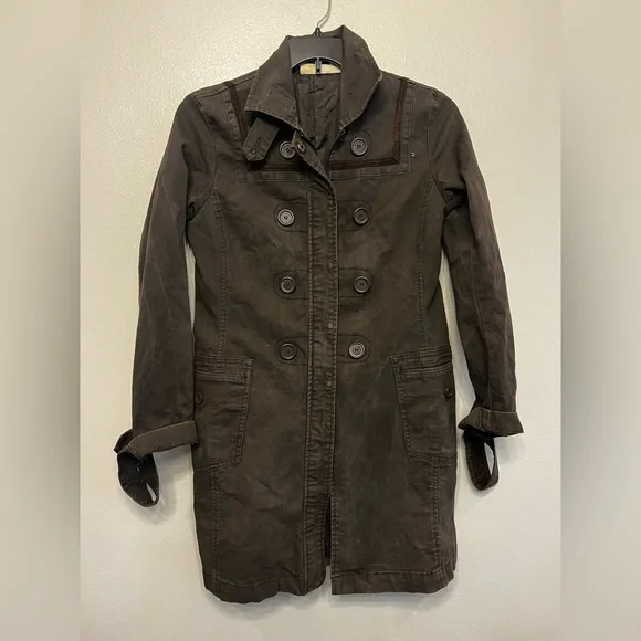 DKNY Dark Brown Military Style Double Breasted Trench Coat Size Medium - Picture 1 of 9